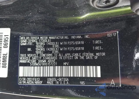 2017 Toyota Sequoia Sr5 z USA, uszkodzony, nr VIN 5TDBW5G1XHS151231